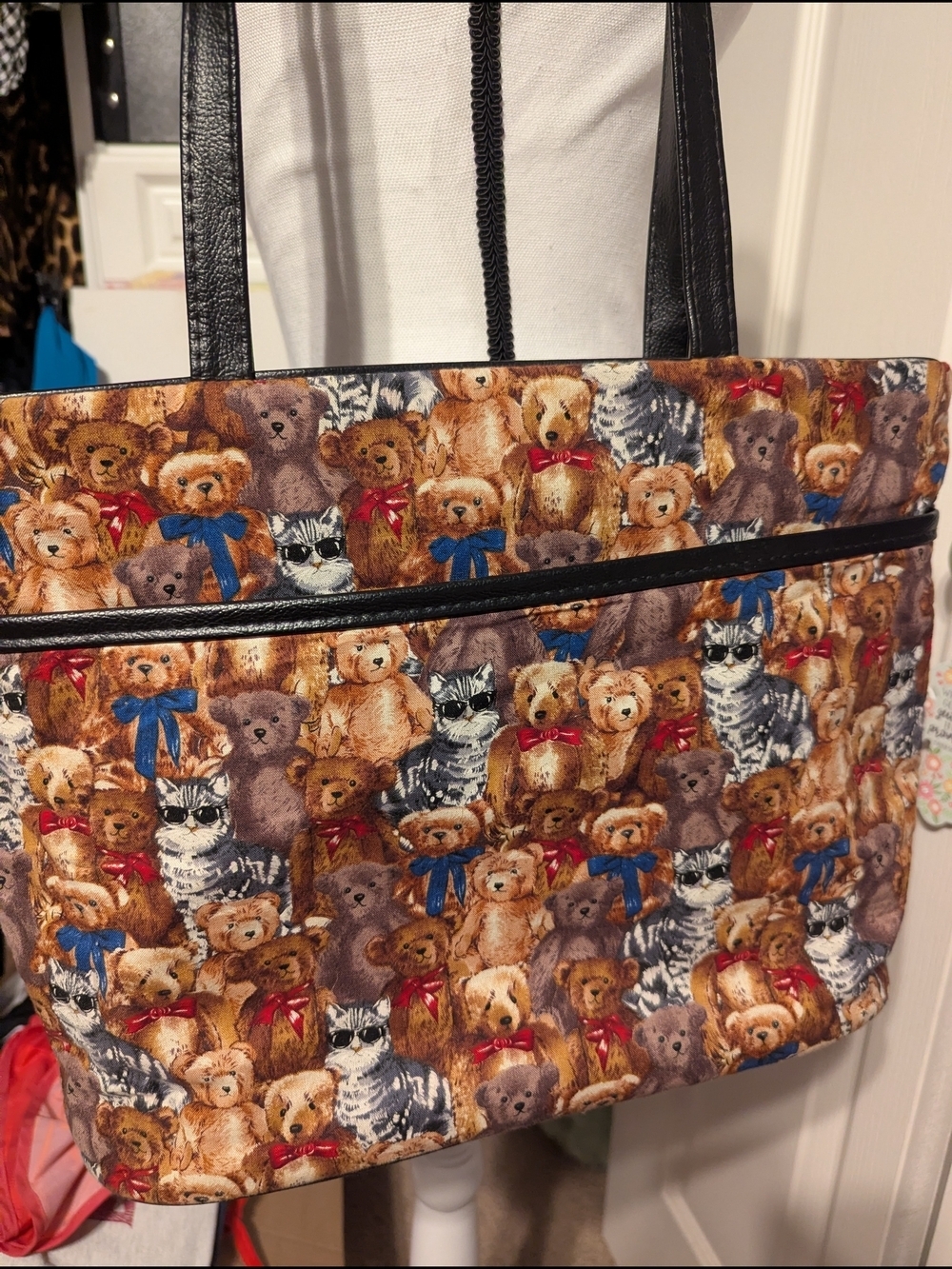 Brown Teddy Bears & Cats Print Tote with Black Handles
